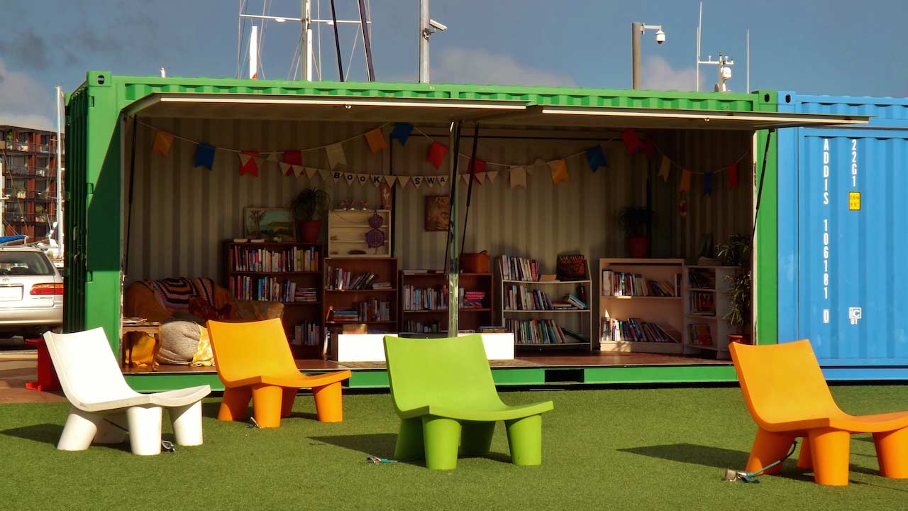 A storage container turned to funky outdoor library in Auckland, New Zealand