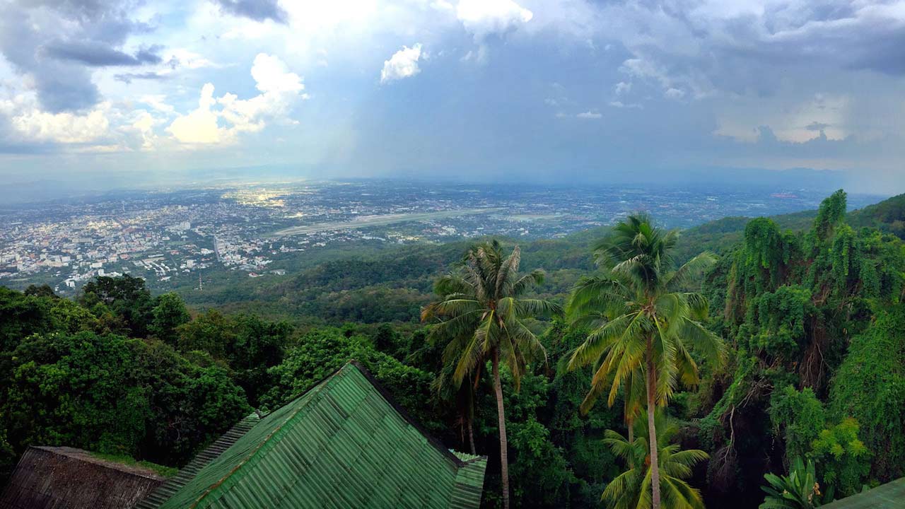 Clear view of mountains and Chiang Mai from the overlook at Wat Doi Sutehp in Chiang Mai