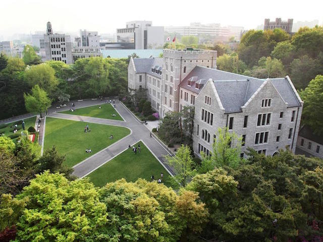 An overhead view of a quad and buildings on Korea University's campus