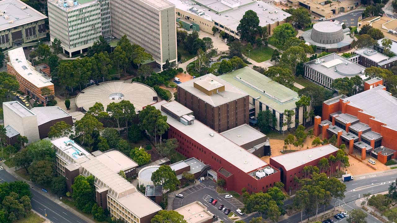 An aerial view of Monash Clayton's campus with an assortment of buildings and greenery