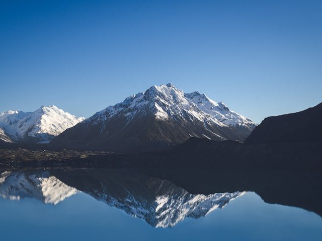 Mountains reflected in lake in New Zealand